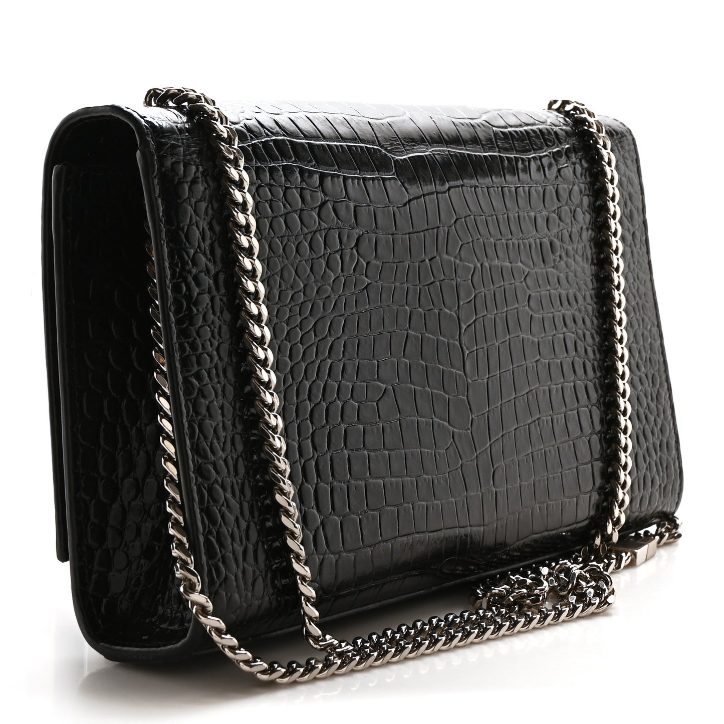 Calfskin Crocodile Embossed Medium Classic Monogram Kate Tassel Satchel Black