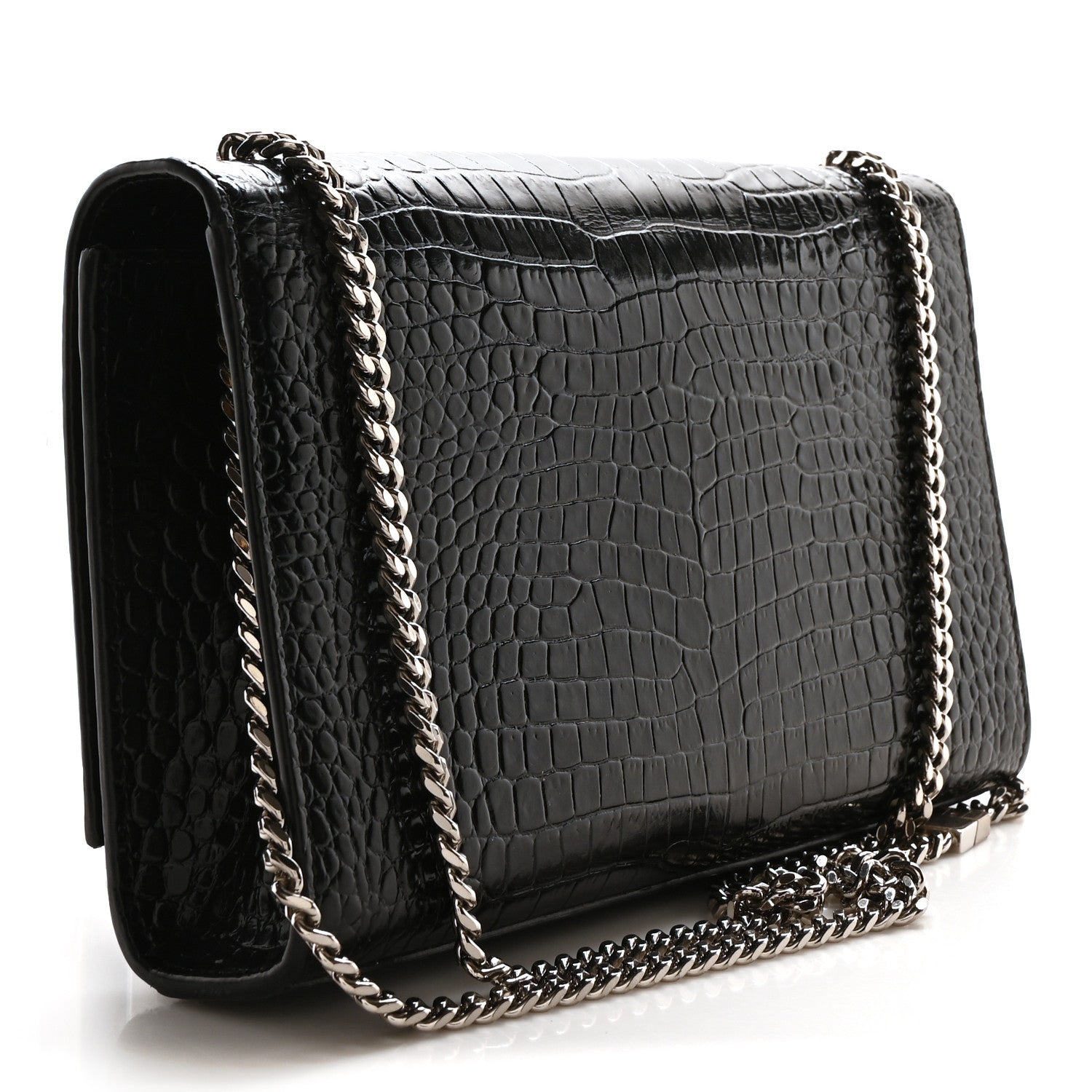 Saint Laurent Calfskin Crocodile Embossed Medium Classic Monogram Kate Tassel Satchel Black 3 of 10