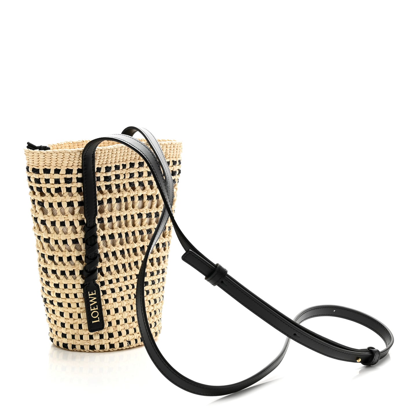 Calfskin Raffia Paulas Ibiza Bucket Bag Natural Black