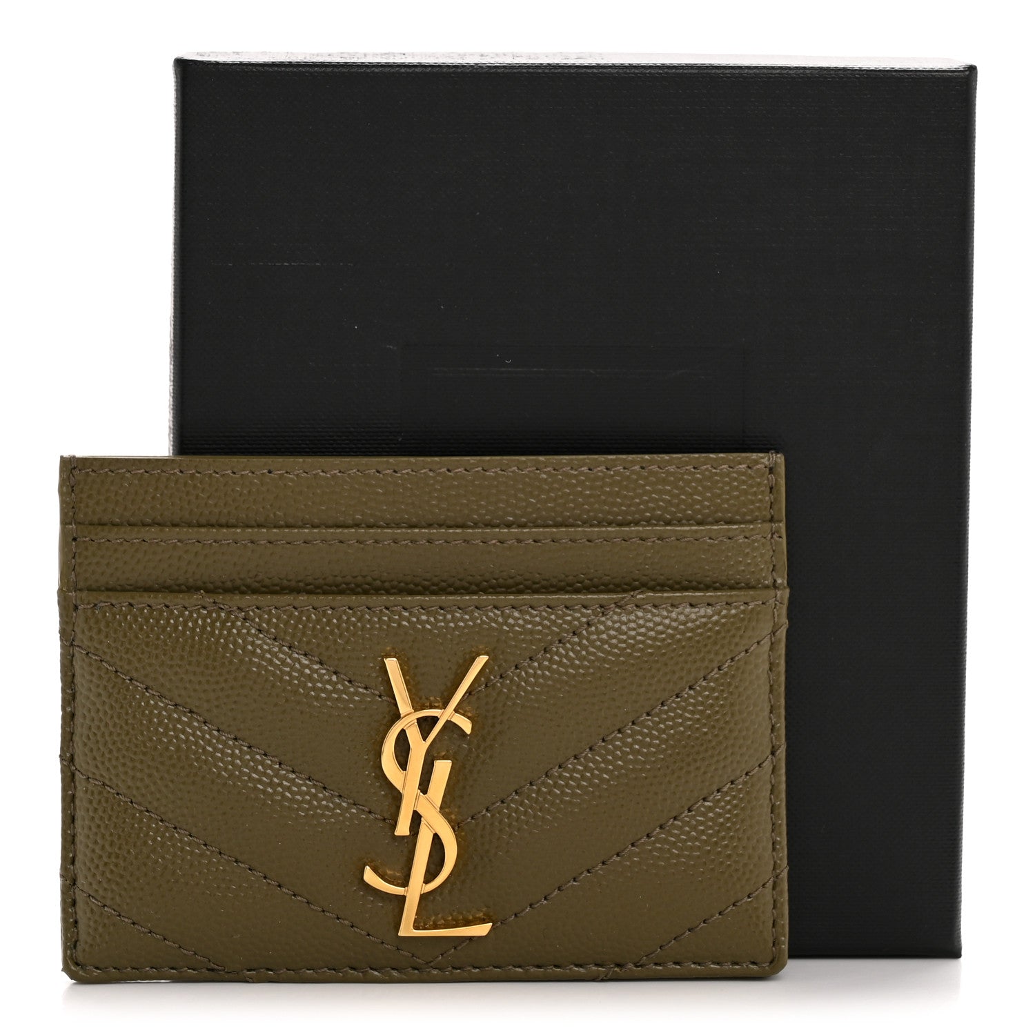 Saint Laurent Grain De Poudre Matelasse Chevron Monogram Credit Card Case Vert Kaki 10 of 10