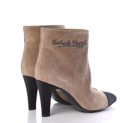 Chanel Suede Calfskin Satin Gabrielle Cap Toe Short Boots 38 Beige Black 4 of 12