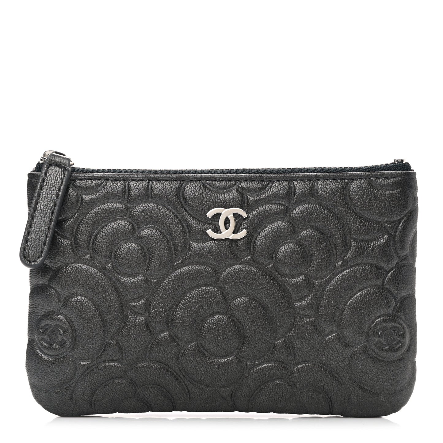 Goatskin Camellia Embossed Cosmetic Pouch Anthracite