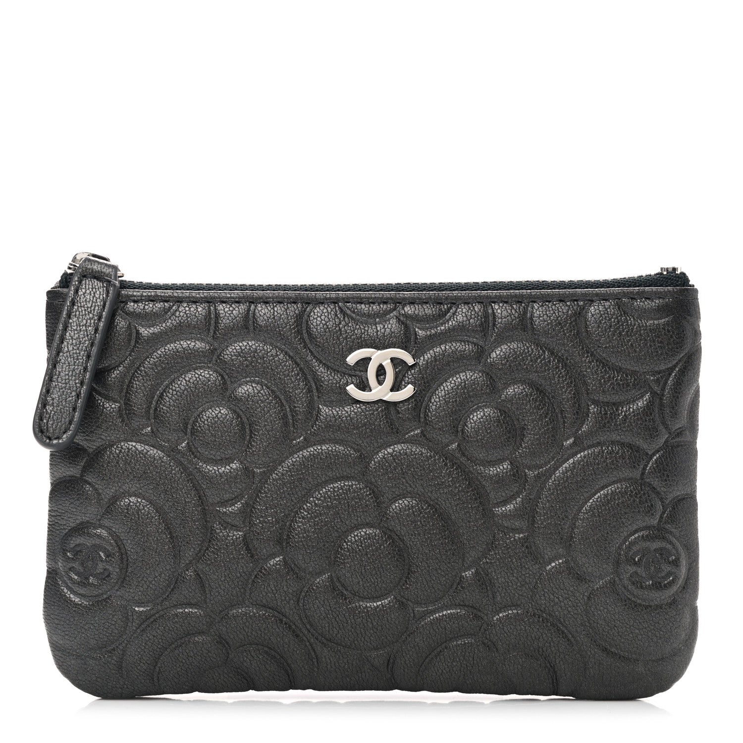 Chanel Goatskin Camellia Embossed Cosmetic Pouch Anthracite 1 of 7