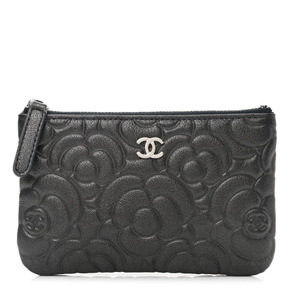 Chanel Goatskin Camellia Embossed Cosmetic Pouch Anthracite 1 of 7