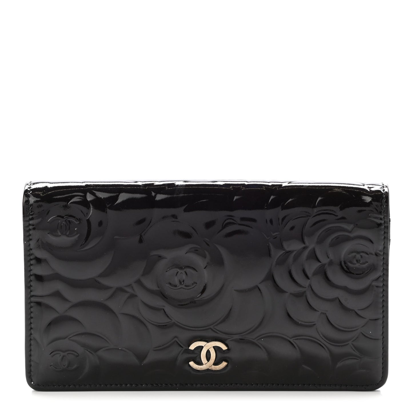 Patent Camellia Embossed Yen Wallet Black