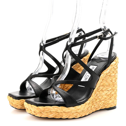 Jimmy Choo Raffia Nappa Ayla 110mm Wedge Sandals 35 Black 4 of 8