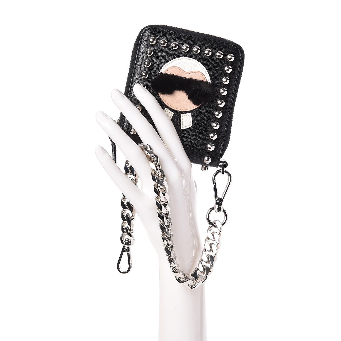 Vitello Elite Flamingo Mink Karlito Studded Zip Around Chain Wallet Black White Plaster
