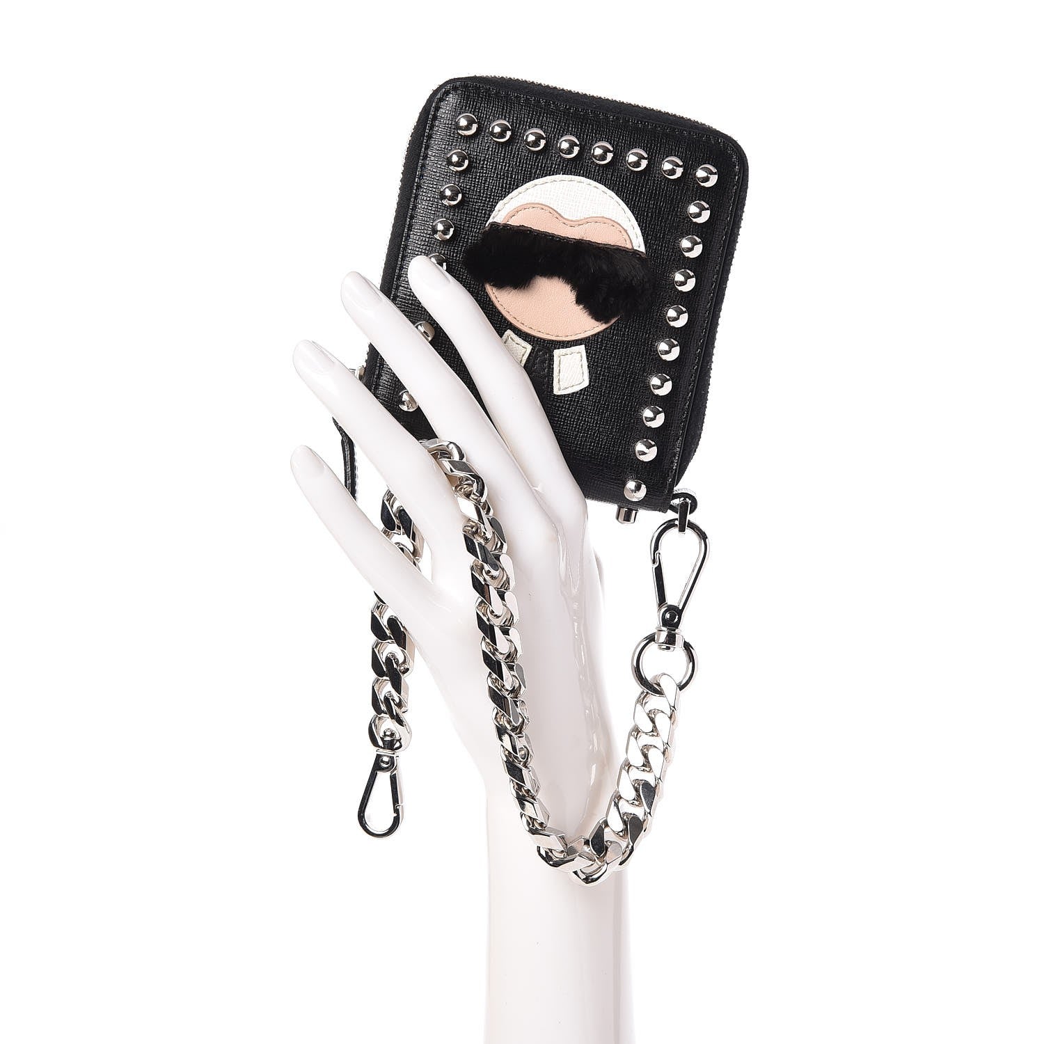 Fendi Vitello Elite Flamingo Mink Karlito Studded Zip Around Chain Wallet Black White Plaster 2 of 9