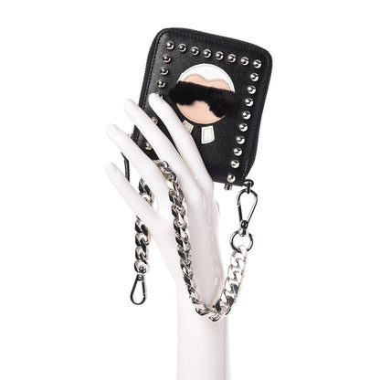 Fendi Vitello Elite Flamingo Mink Karlito Studded Zip Around Chain Wallet Black White Plaster 2 of 9