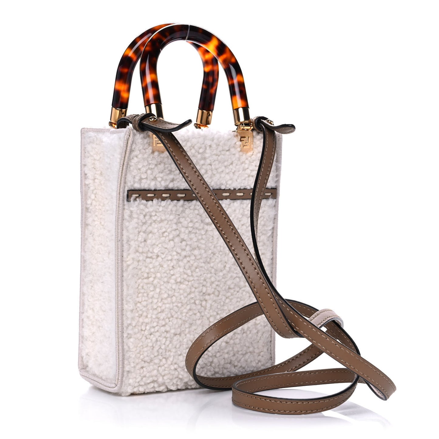 Shearling Vitello King Plexiglass Logo Mini Fendi Sunshine Shopper Tote White
