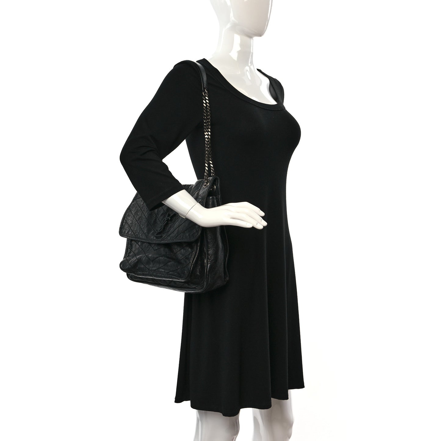 Crinkled Calfskin Matelasse Monogram Large Niki Chain Satchel Black