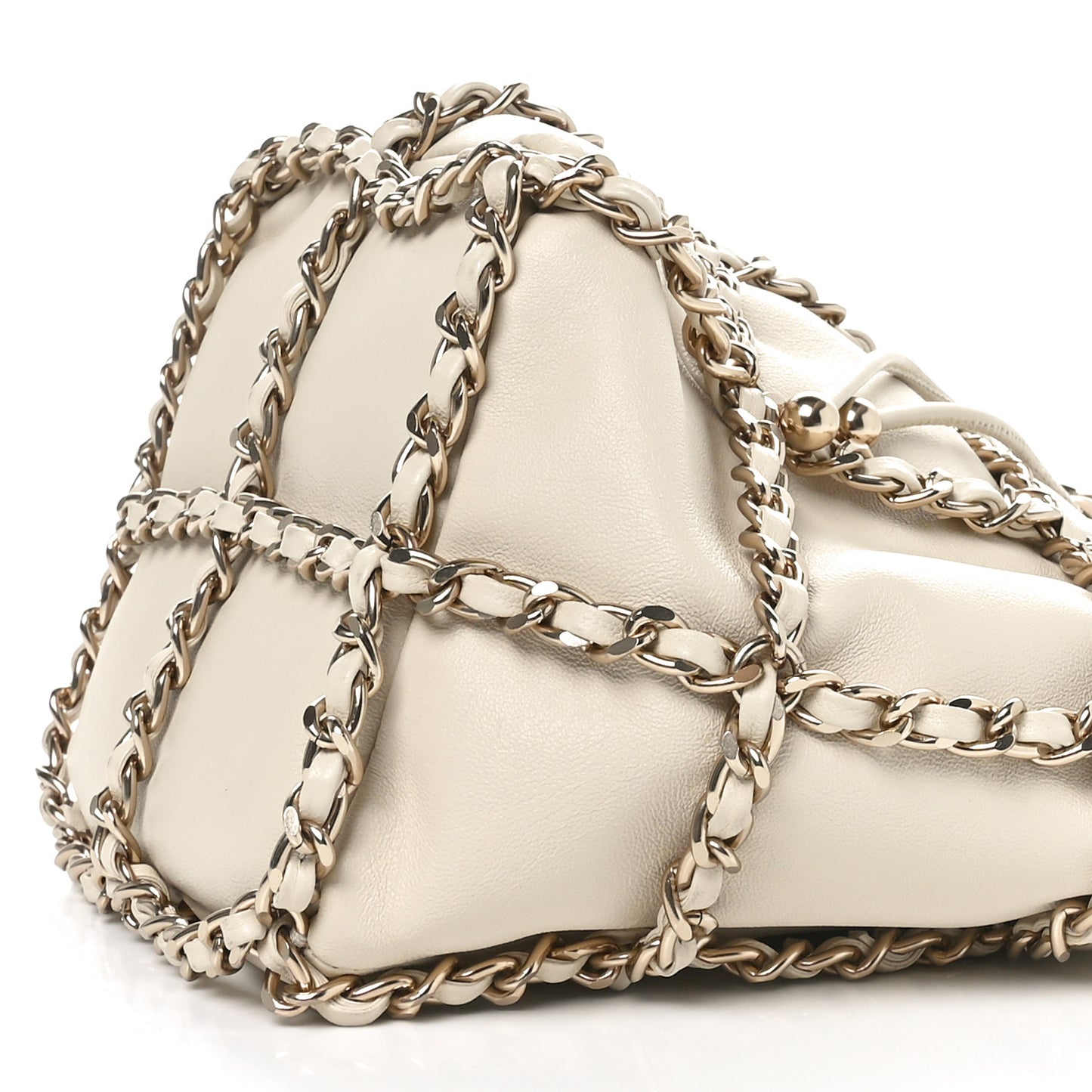Lambskin Bucket Chain Drawstring Bag Beige