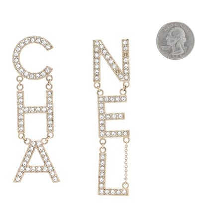 Chanel Crystal Cha-Nel Logo Drop Earrings Gold 2 of 5