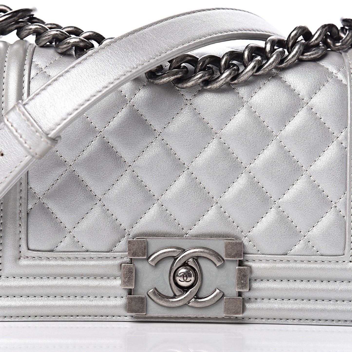 Metallic Calfskin Quilted Small Boy Flap Silver