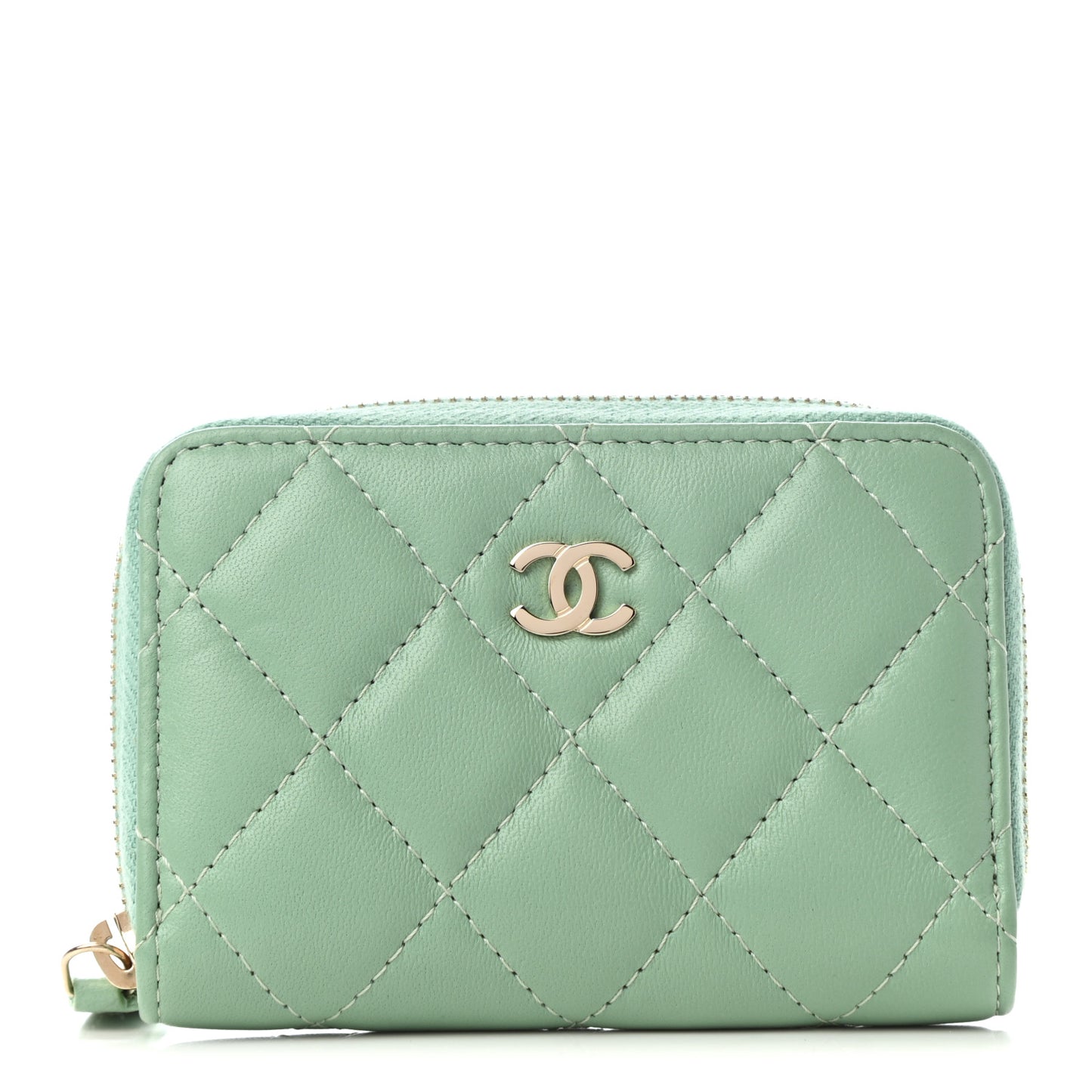 Lambskin Quilted Zip Around Coin Purse Wallet Light Green
