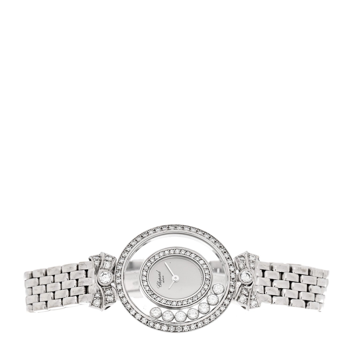 Chopard 18K White Gold Diamond Pave Bezel 24mm Happy Diamonds Oval Bow Tie Quartz Watch 2 of 5