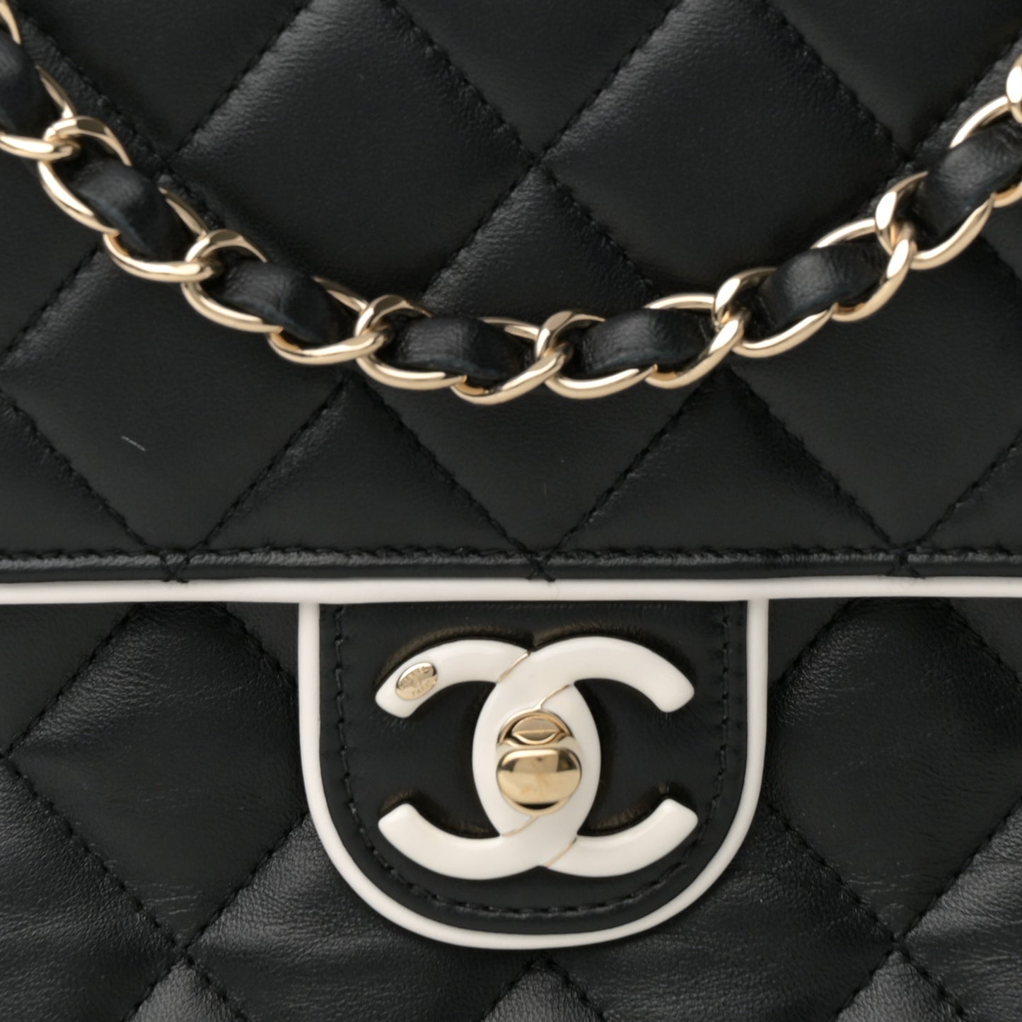 Lambskin Quilted Resin Graphic Frame Flap Bag Black White