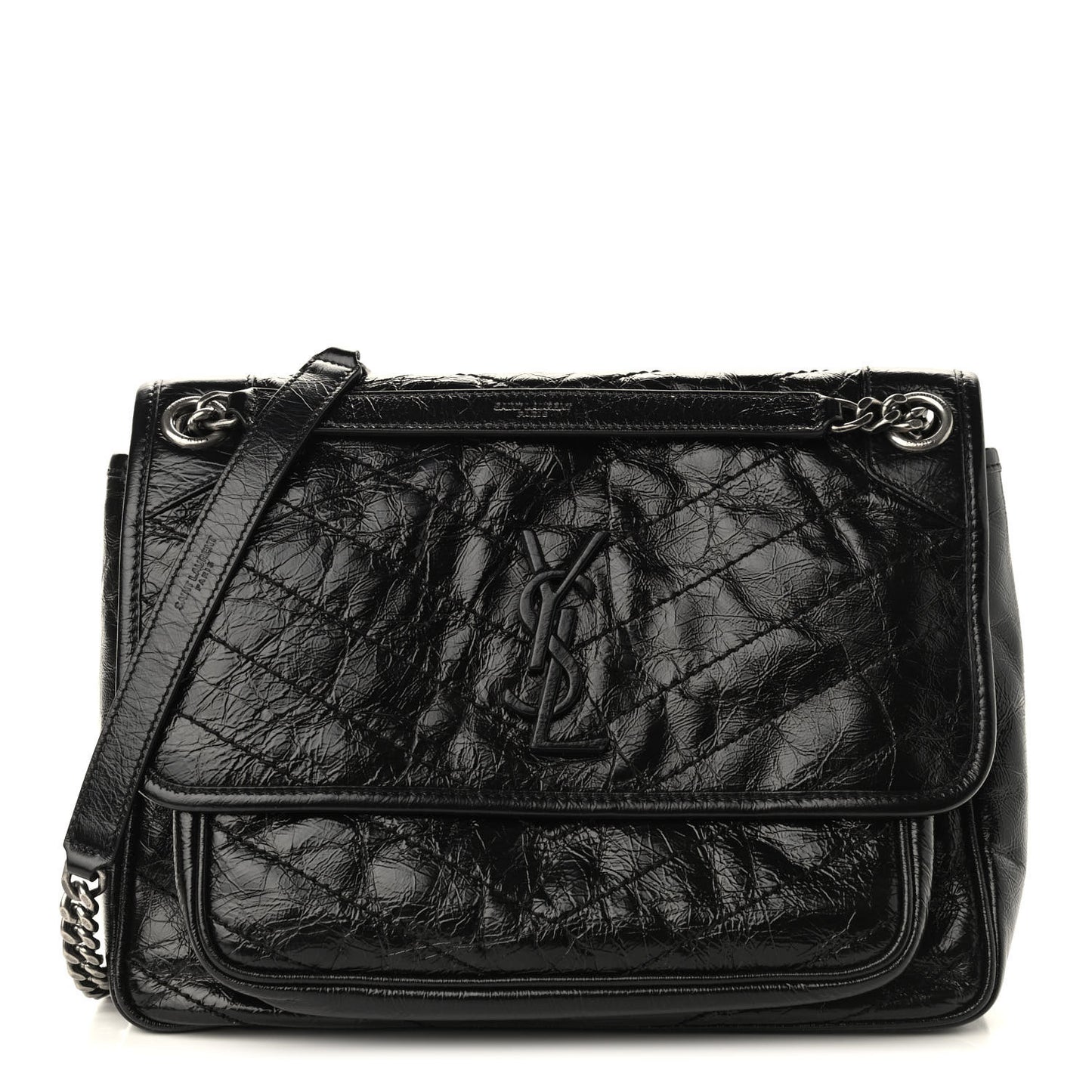 Crinkled Calfskin Matelasse Monogram Medium Niki Chain Satchel Black
