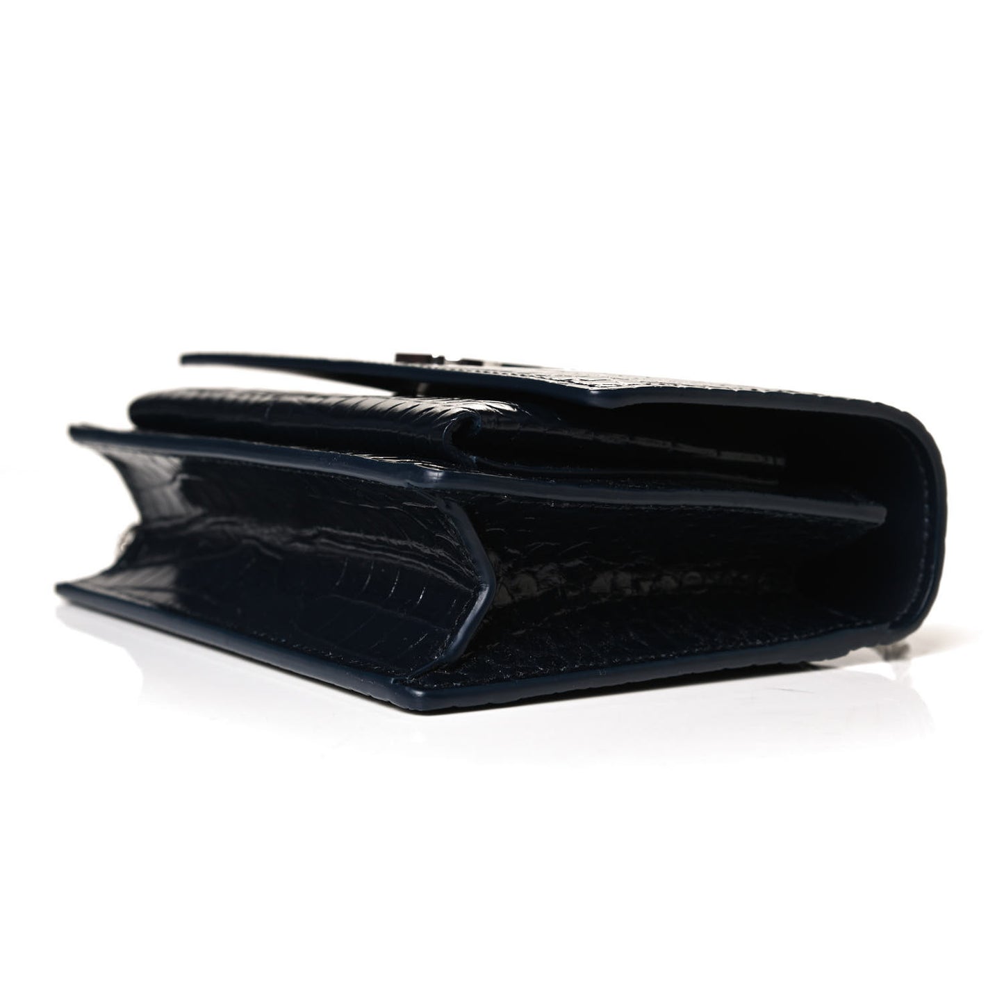 Calfskin Crocodile Embossed Monogram Sunset Chain Wallet Navy