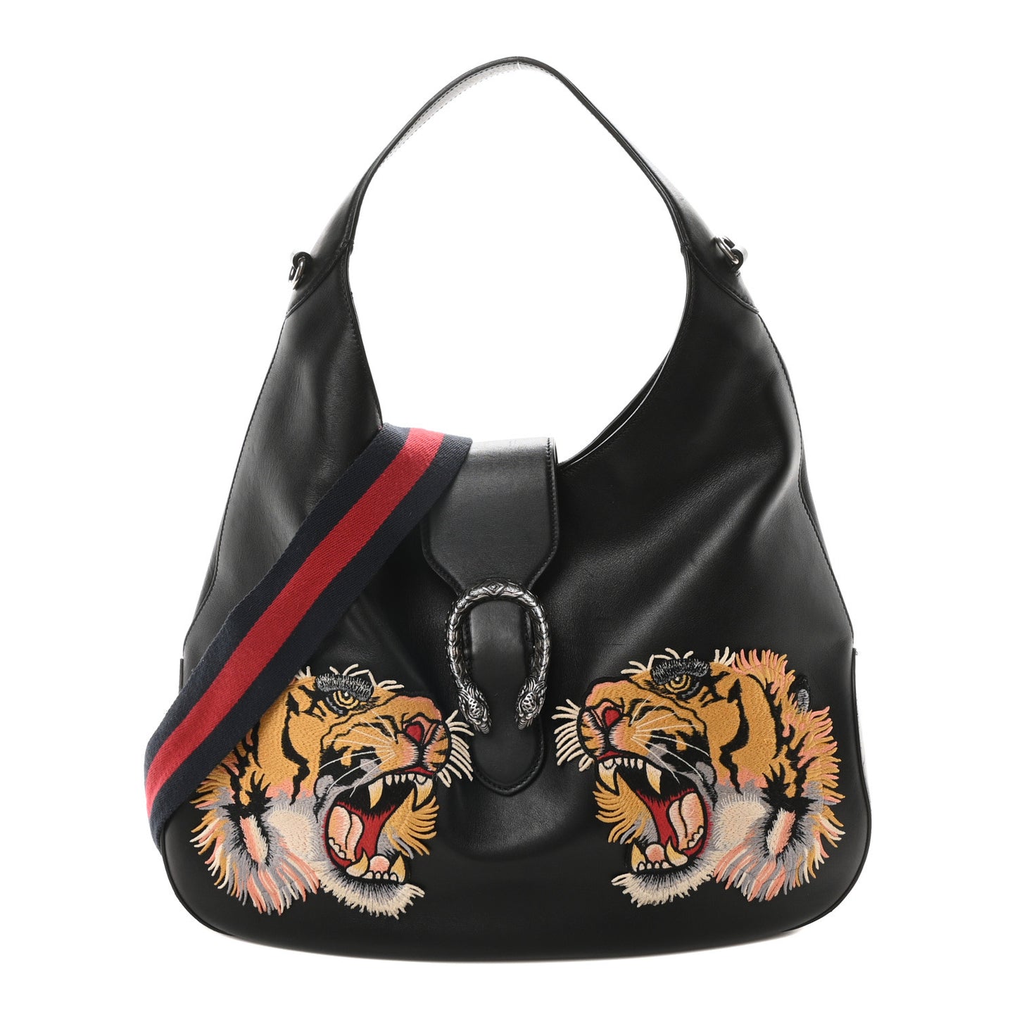 Calfskin Web Tiger Embroidered Large Dionysus Hobo Black