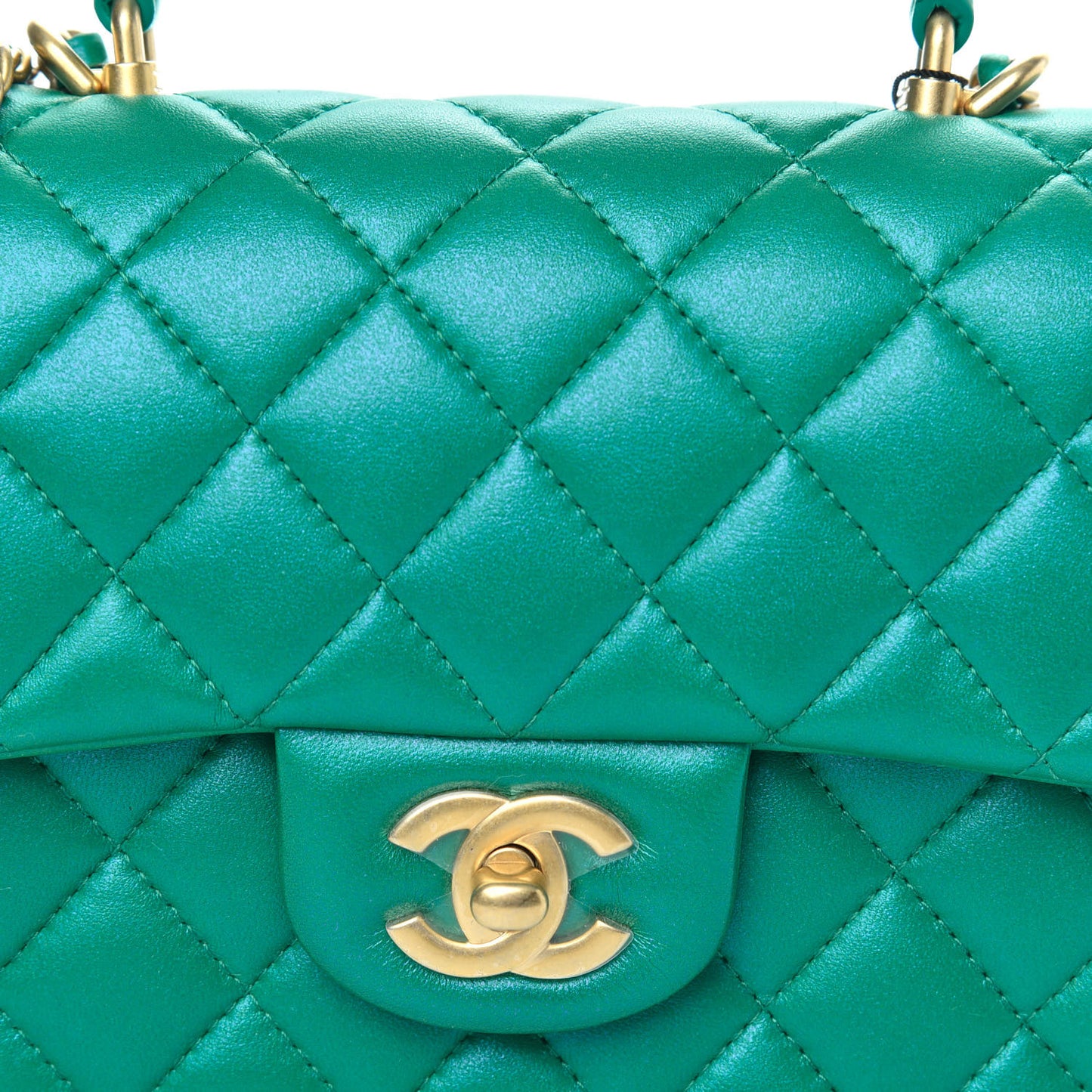 Iridescent Lambskin Quilted Mini Top Handle Rectangular Flap Green