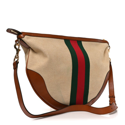 Gucci Vintage Canvas Calfskin Web Large Ophidia Half Moon Hobo Sand Light Cuir 2 of 9
