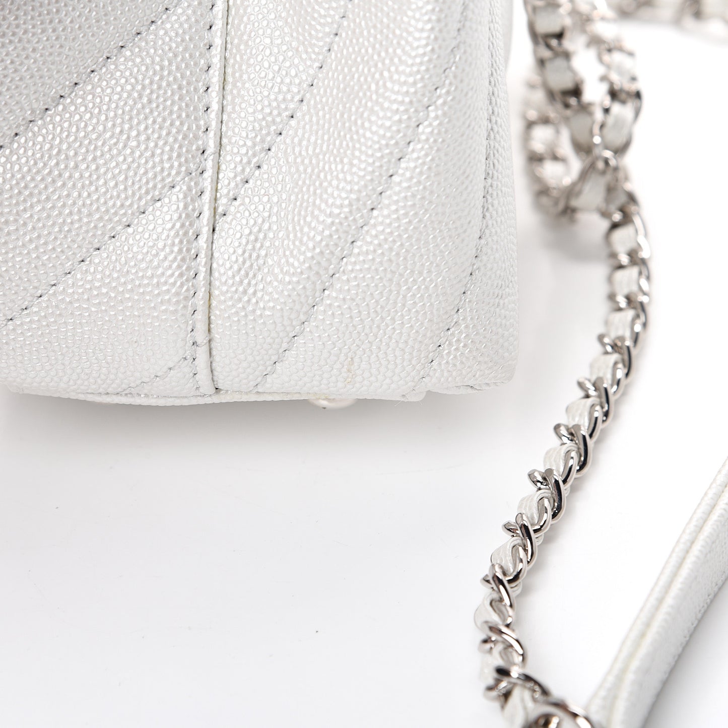 Iridescent Caviar Chevron Quilted Mini Coco Handle Flap White