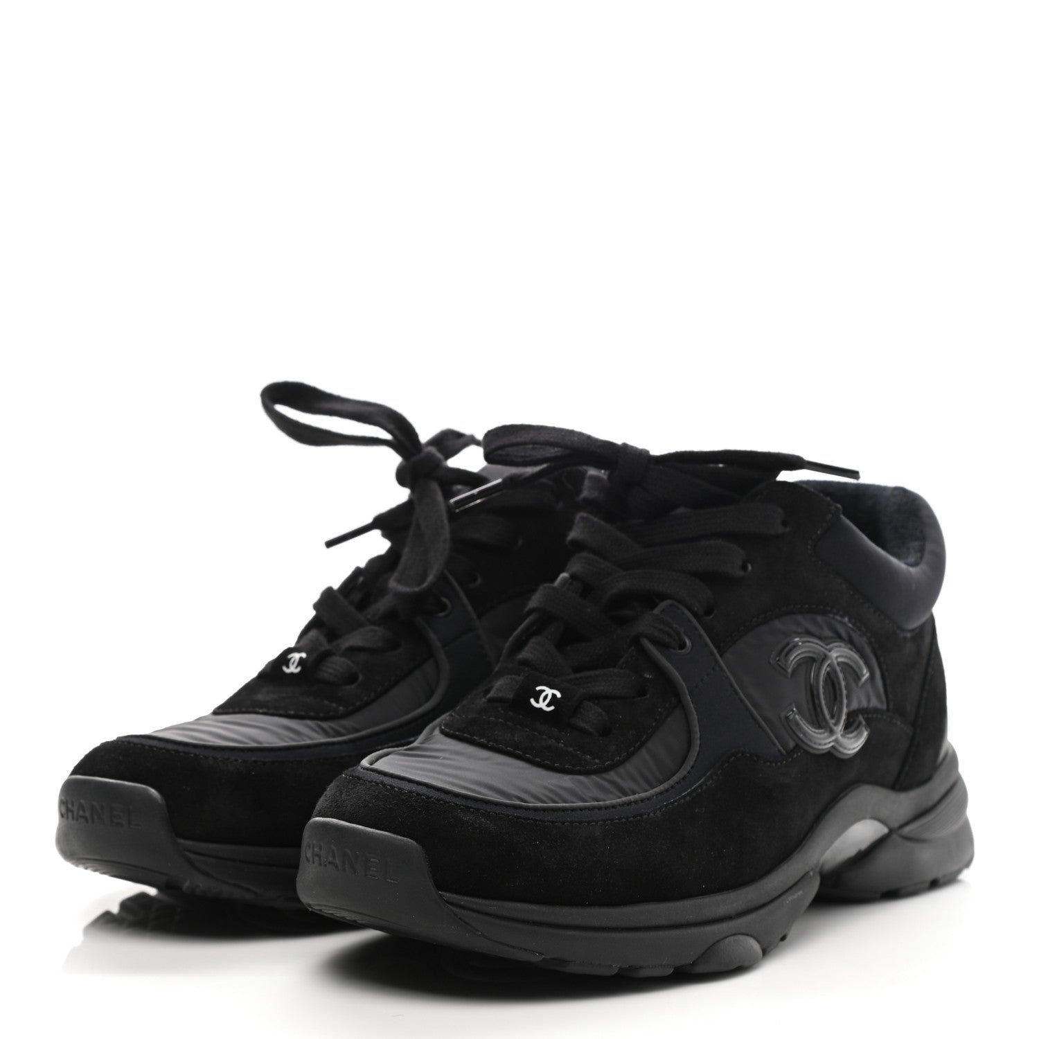 Chanel Nylon Calfskin Suede Calfskin CC Sneakers 36.5 Black 3 of 8