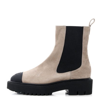 Chanel Suede Calfskin Grosgrain Cap Toe CC Ankle Boots 39.5 Light Grey Black 1 of 9