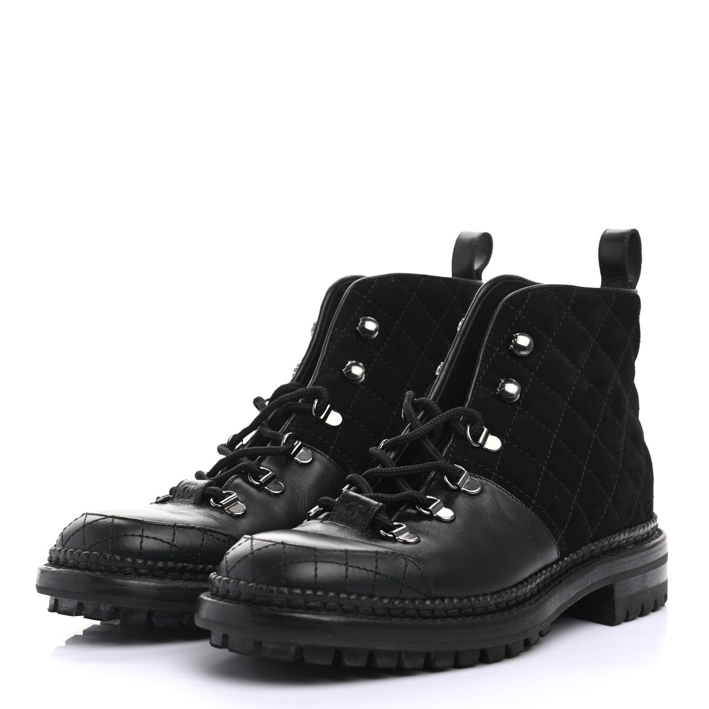 Suede Calfskin Quilted Lace Up Short Boots 38 Black