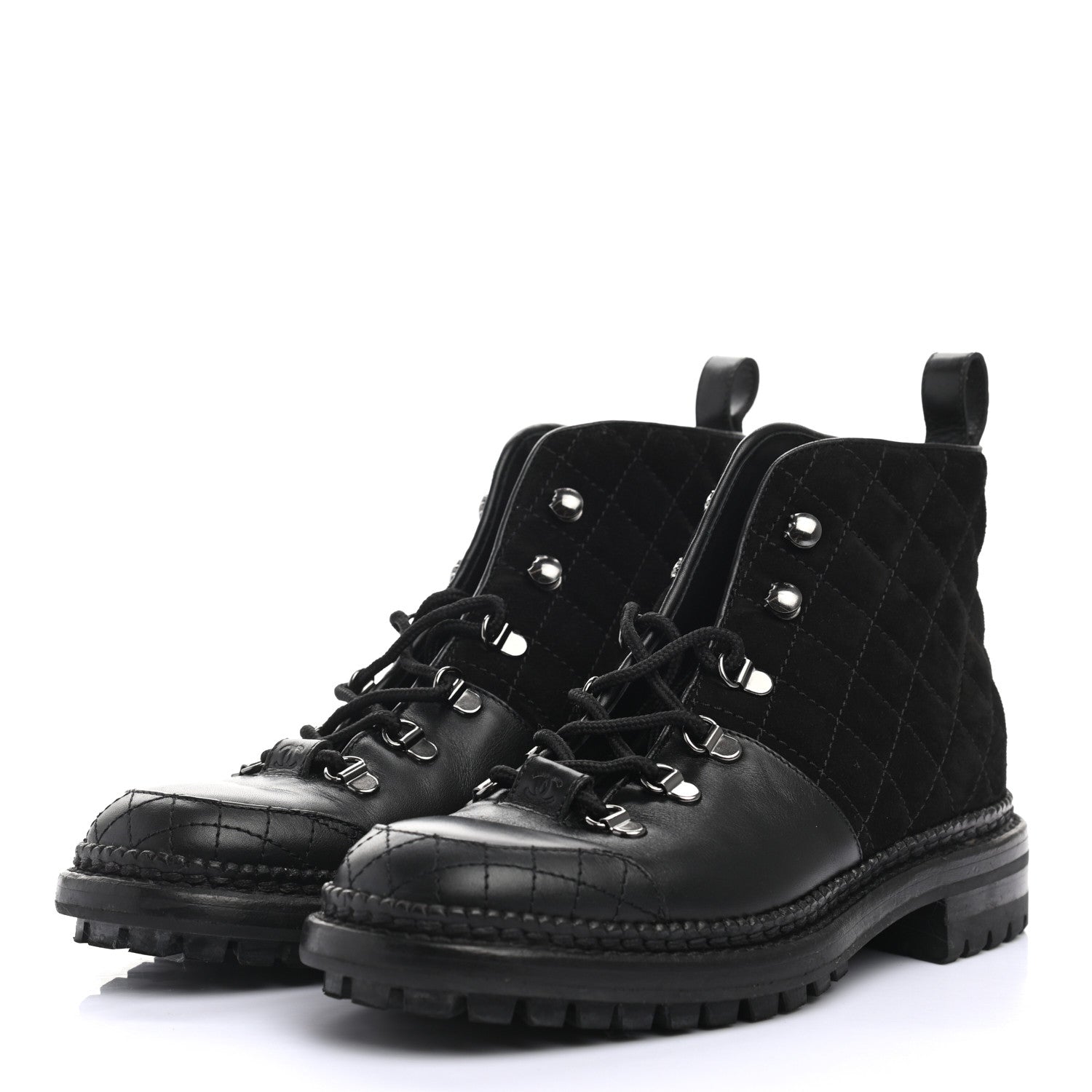 Chanel Suede Calfskin Quilted Lace Up Short Boots 38 Black 3 of 7