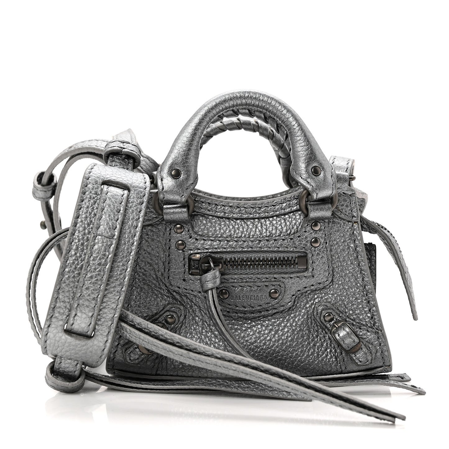 Metallic Grained Calfskin Neo Classic Hardware Super Nano City Crossbody Silver