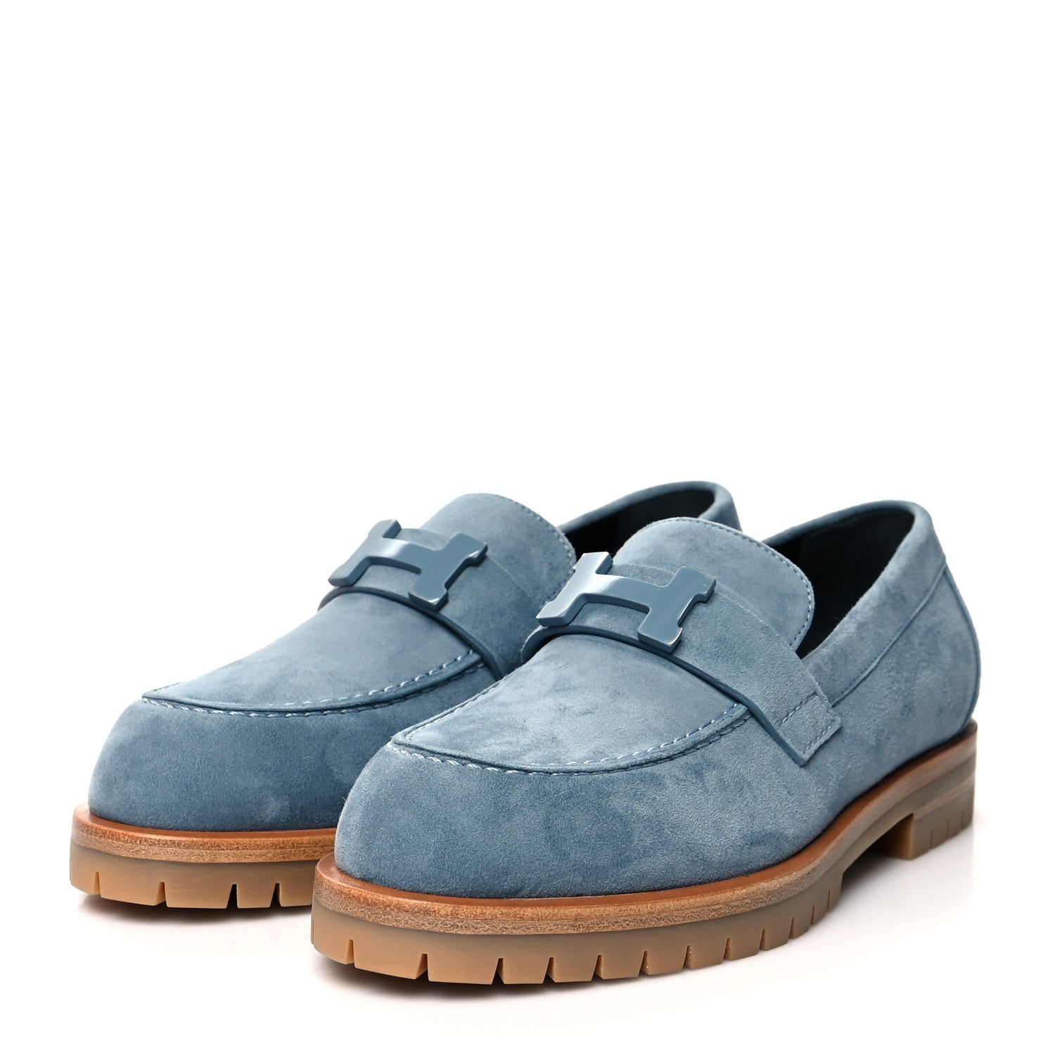 Hermes Suede Goatskin Womens Faubourg Loafers 35 Bleu Pinede 3 of 8