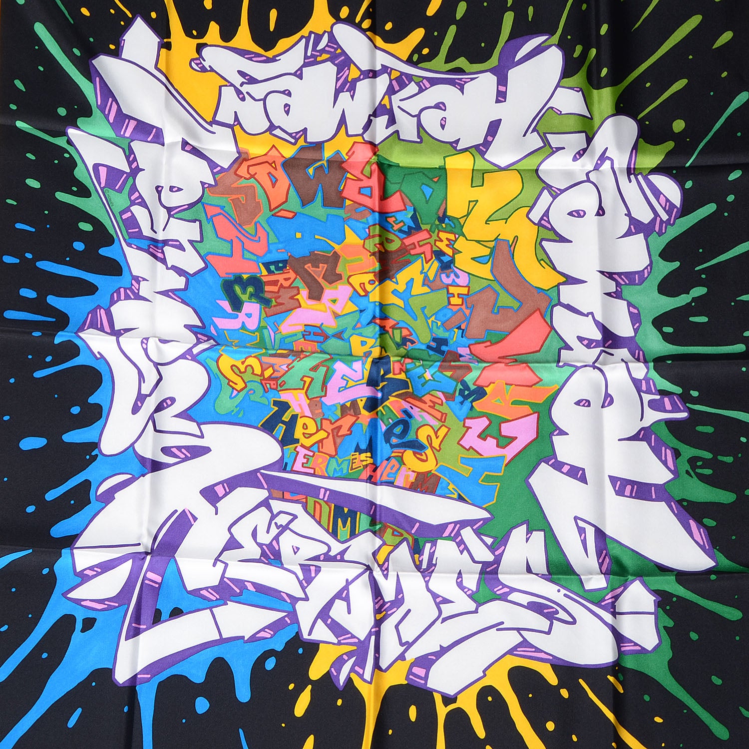 Hermes Silk Graff Graffiti Scarf 90 Noir Blanc Jaune Vif 1 of 6