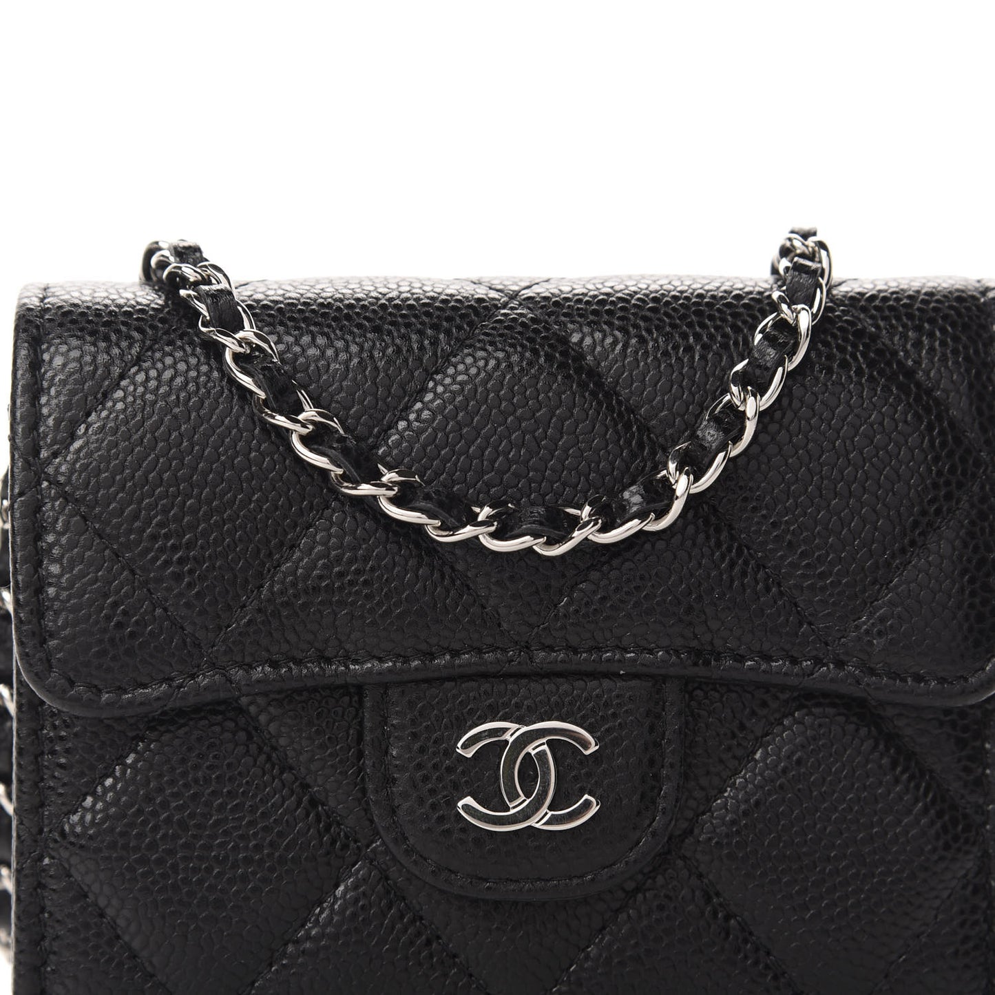 Caviar Quilted Flap Card Holder On Chain Black