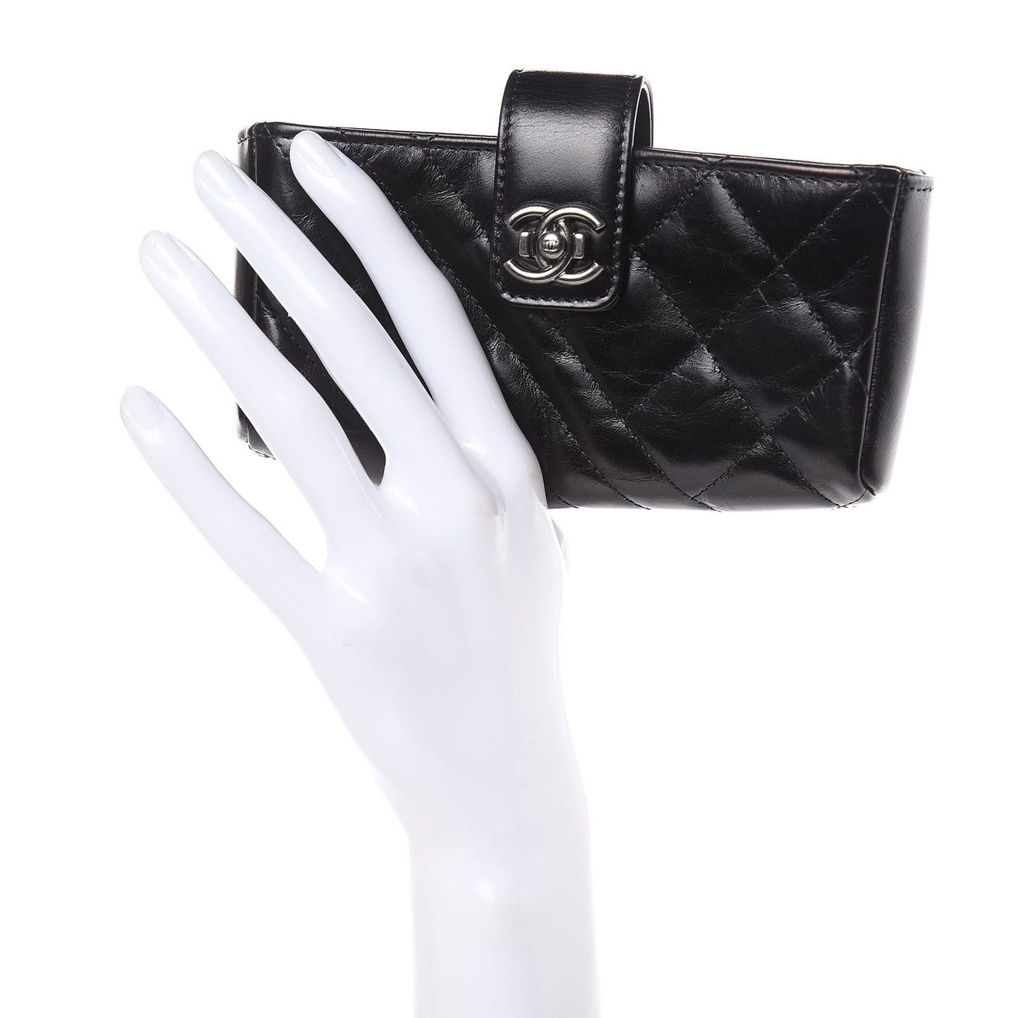 Glazed Calfskin Quilted Mini Phone Holder Clutch Black