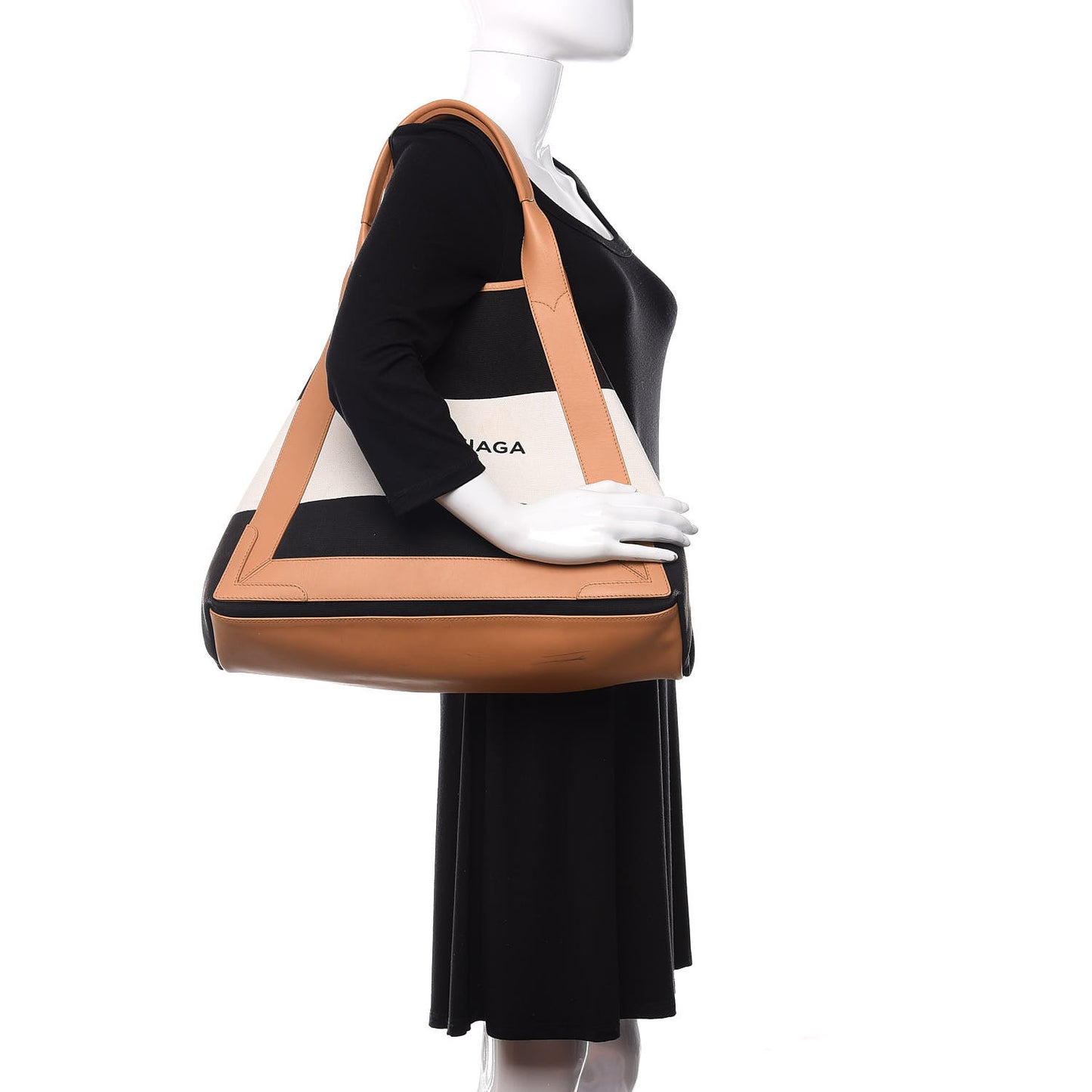Calfskin Canvas M Cabas Tote Navy wHITE