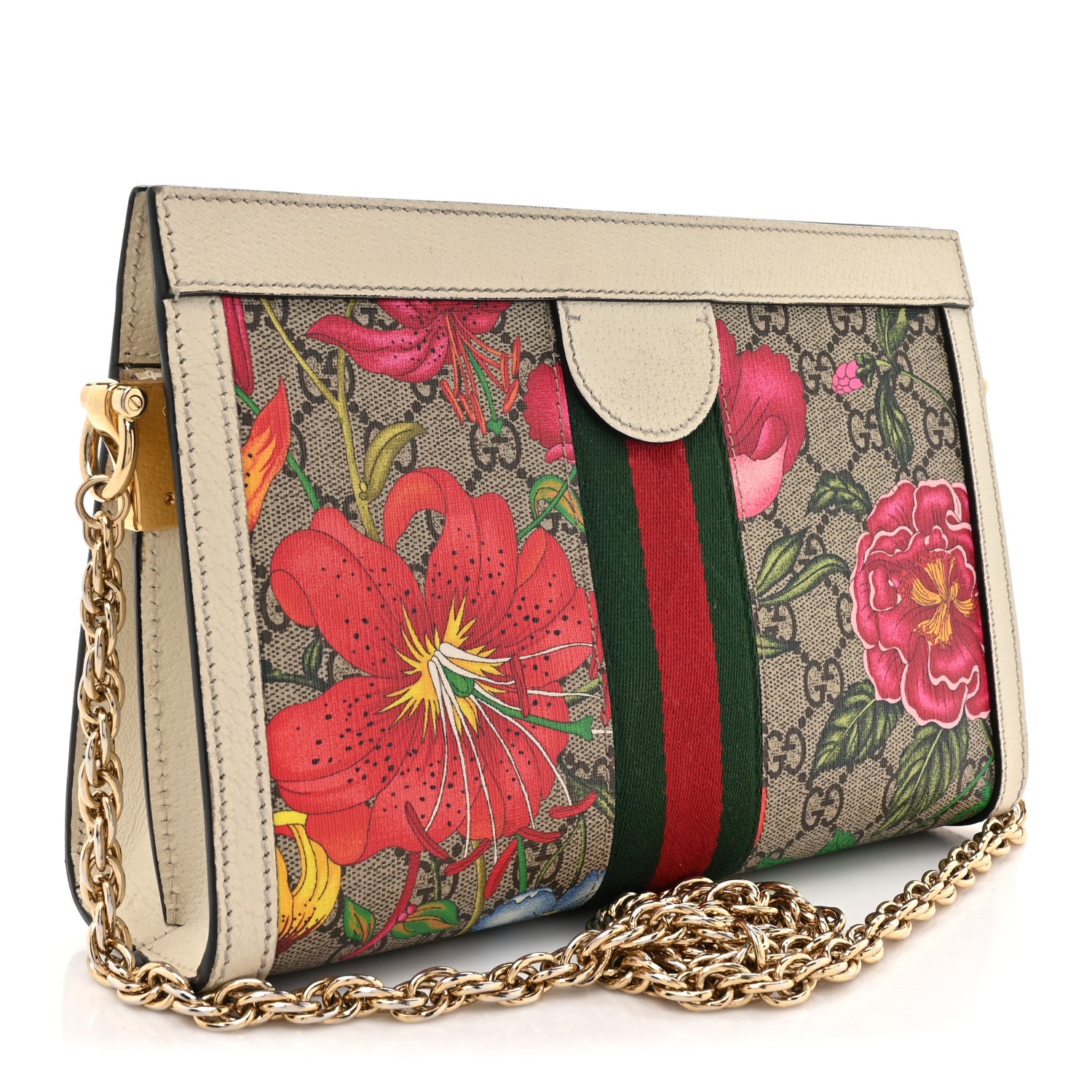 Gucci GG Supreme Monogram Flora Web Small Ophidia Chain Shoulder Bag White 3 of 21