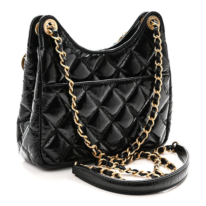 Chanel Shiny Crumpled Calfskin Quilted Small Wavy CC Hobo Black 3 of 10