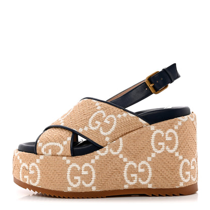 Gucci Raffia Nappa GG Monogram Angelina Platform Slingback Sandals 38.5 Natural Great White Blue Agata 1 of 13