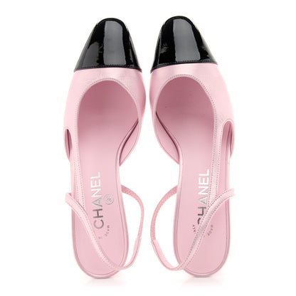 Chanel Laminated Lambskin Patent Cap Toe CC Slingback Pumps 38 Light Pink Black 3 of 9