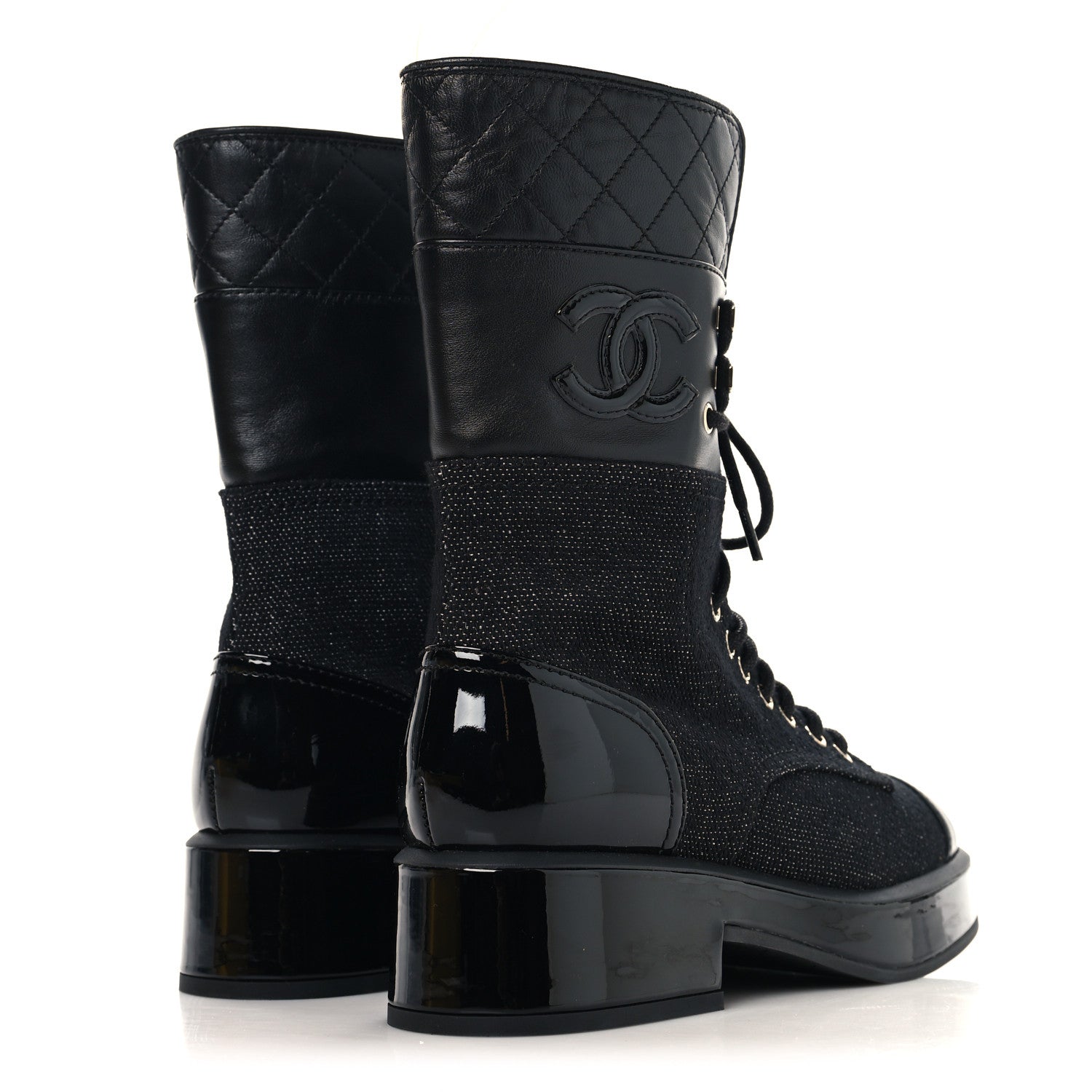 Chanel Fabric Patent Calfskin Lambskin Quilted CC Lace Up Combat Boots 36 Black 4 of 8