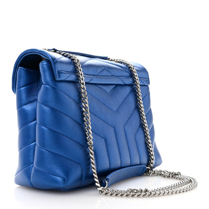 Saint Laurent Metallic Calfskin Y Quilted Monogram Small Loulou Chain Satchel Blue Royal 3 of 10
