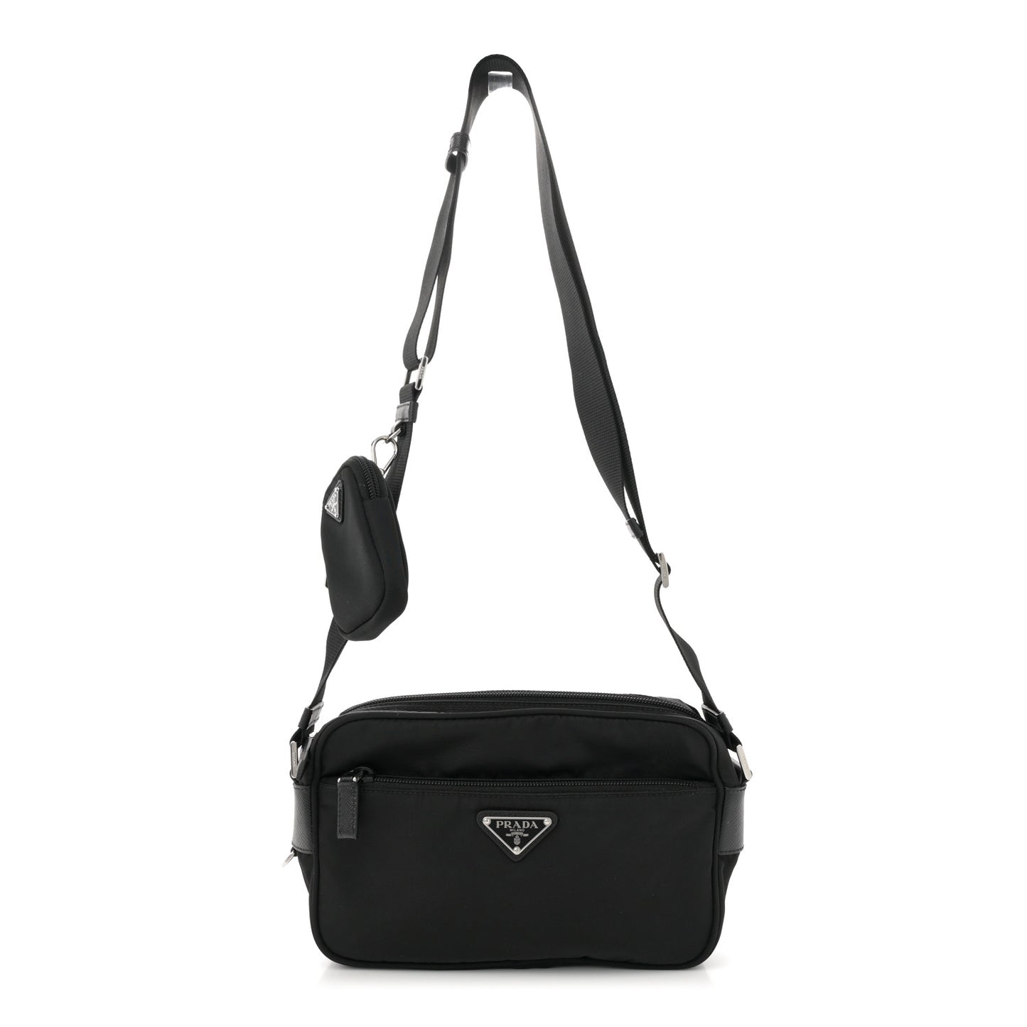 Re-Nylon Vela Saffiano Pocket Double Zip Shoulder Bag Black