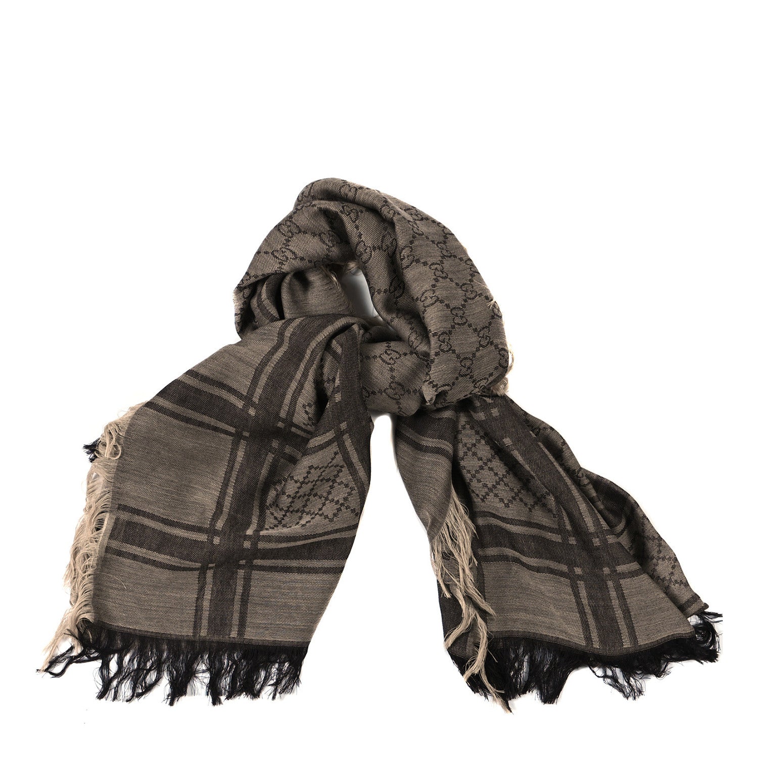 Gucci Wool Silk GG Monogram Diamante Plaid Surviee Shawl Beige Dark Brown 1 of 3