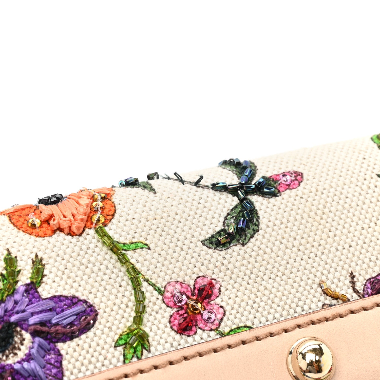 Gucci Canvas Flora Floral Beaded Small Horsebit Chain Clutch White