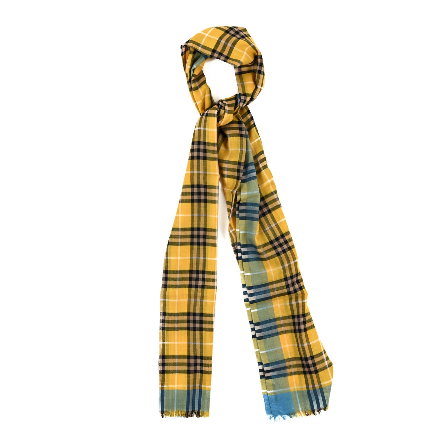 Wool Silk Gauze Check Scarf  Yellow Blue