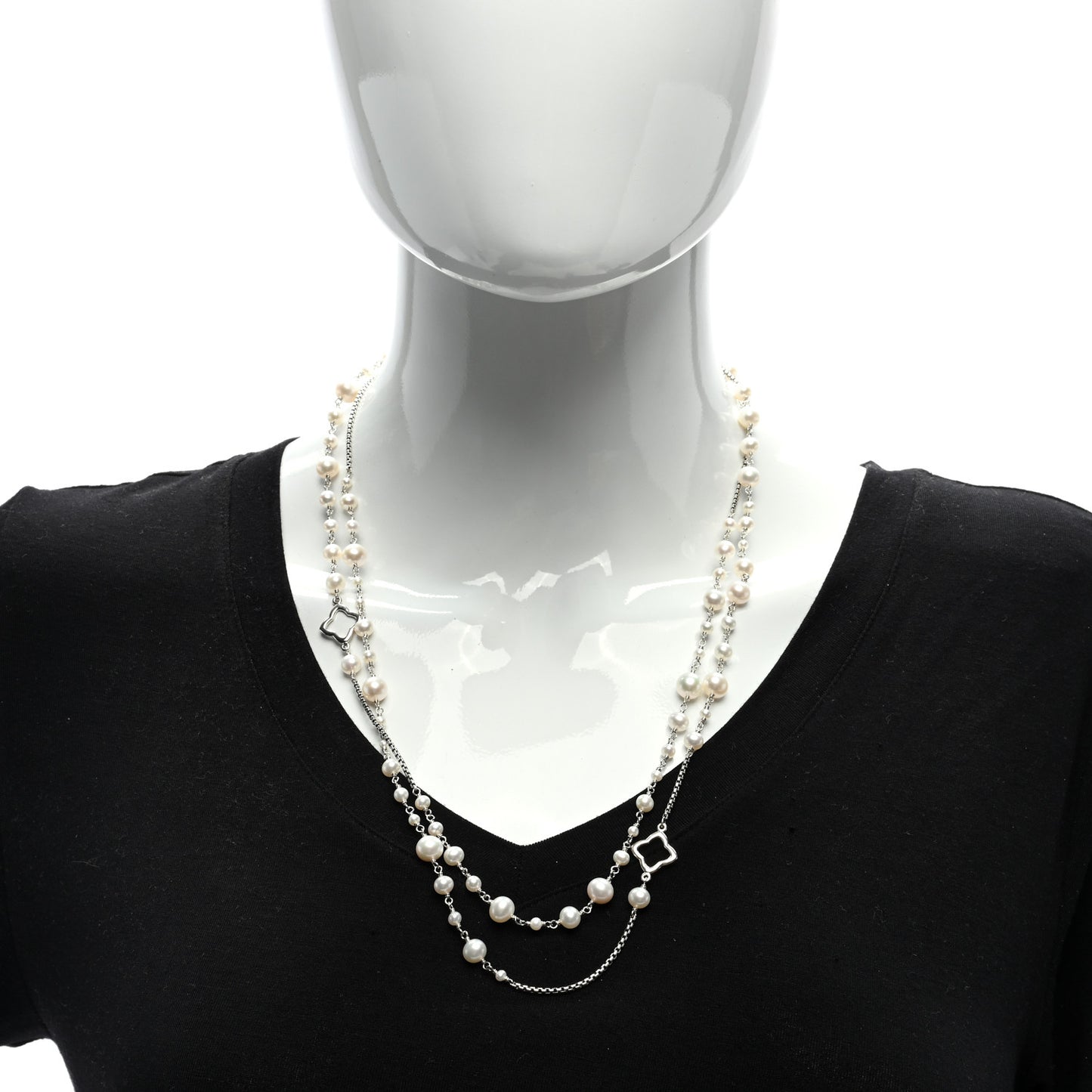 Sterling Silver Pearl 7.5mm Quatrefoil Long Chain Necklace