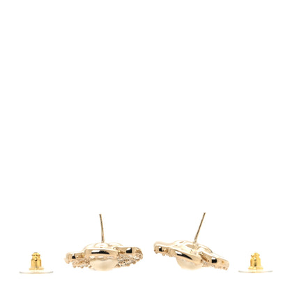 Chanel Metal Pearl Crystal CC Flower Drop Earrings Gold White 3 of 5