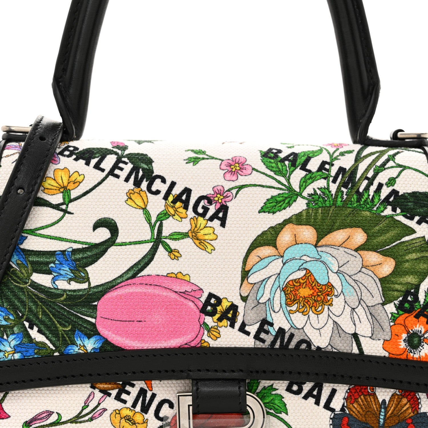 Balenciaga X GUCCI Canvas Boarded Plutone Calfskin Flora Logo Print Small Hourglass Top Handle Bag White Multicolor Black 8 of 11